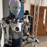 Robotul humanoid Ameca a desenat o pisică și a răspuns la critici